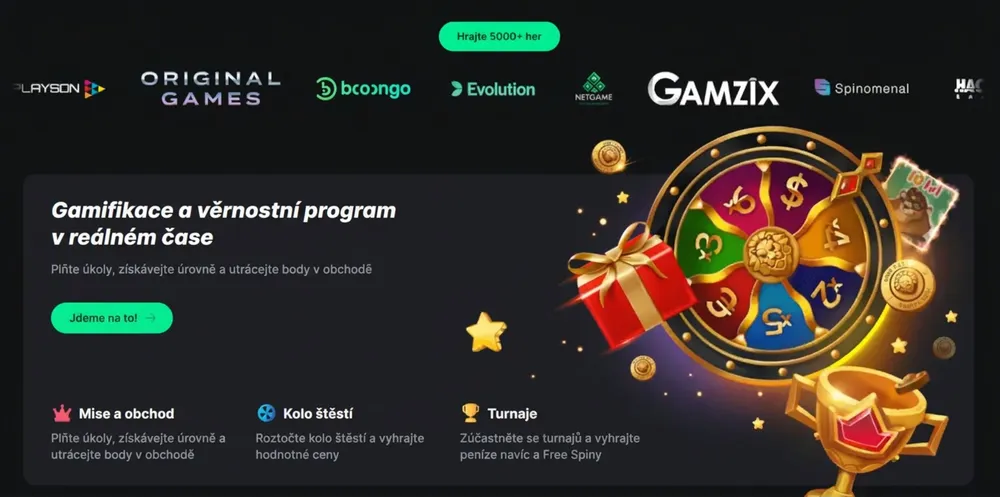 Sada věrnosti Bet On Red s interaktivním kolem štěstí a odměnovými misemi.